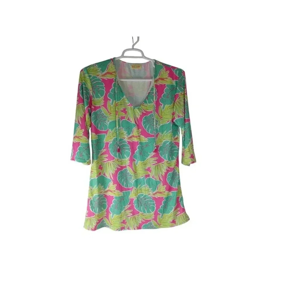 Viv & Lou Dress Beach Cover Up V- Neck size S/M multicolor leaves